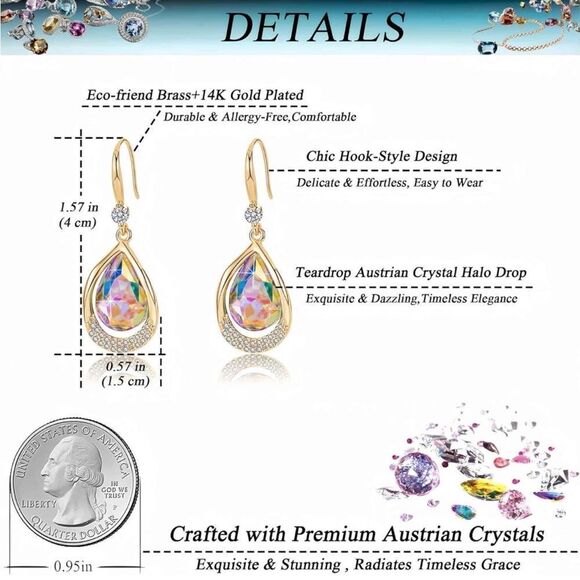 14K Yellow Gold and Iridescent AB Austrian Crystal Teardrop Halo Hook Earrings - Picture 7 of 7